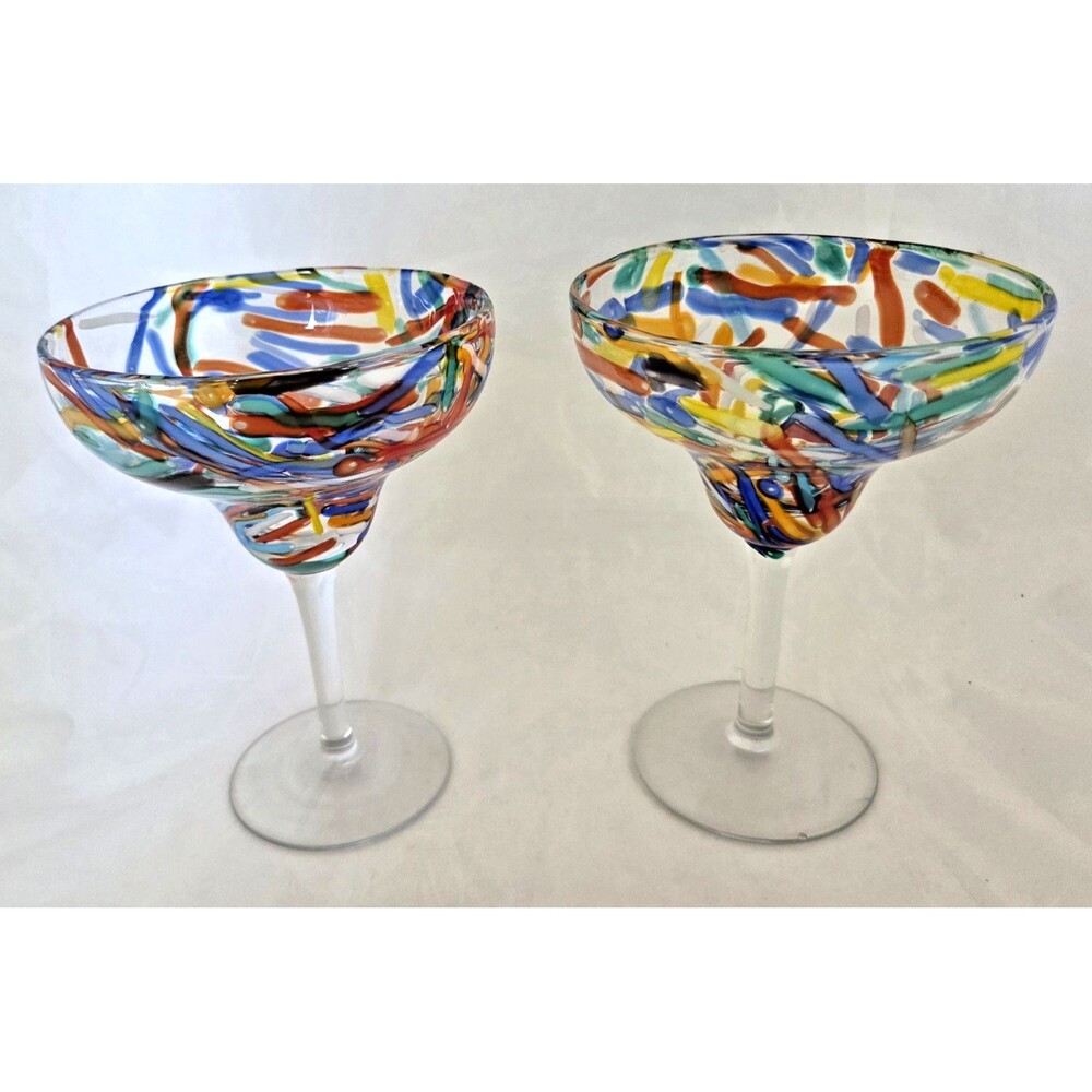 Set Of 2 Pier 1 Imports Rainbow Confetti Margarita Glasses Hand Blown Festive